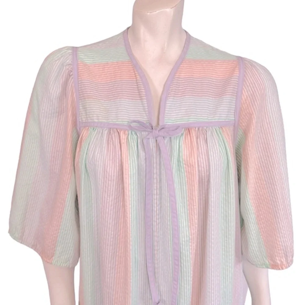 VINTAGE Komar Pastel Pink Green Purple Striped Cotton Midi Mumu Housedress - Picture 2 of 8